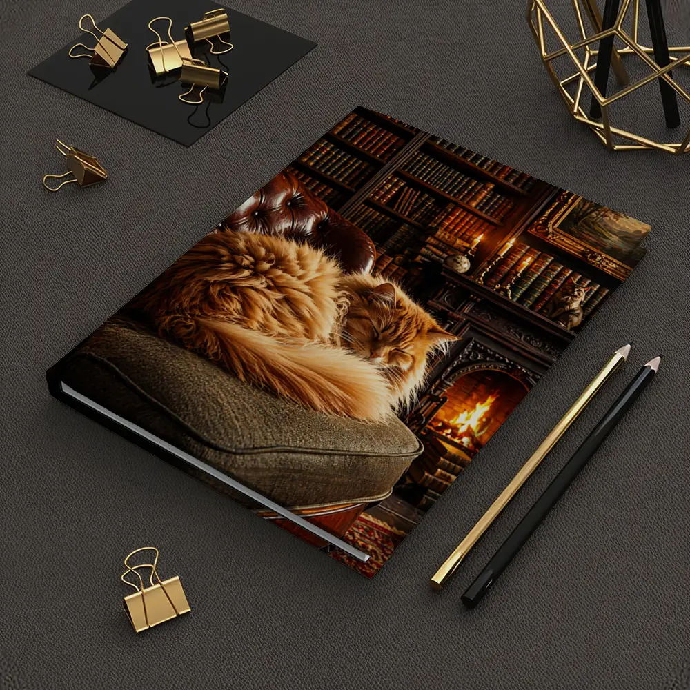 Fluffy Orange Cat Sleeping By Fireplace Library – Notebooks