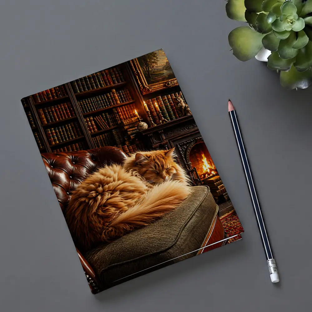Fluffy Orange Cat Sleeping By Fireplace Library – Notebooks