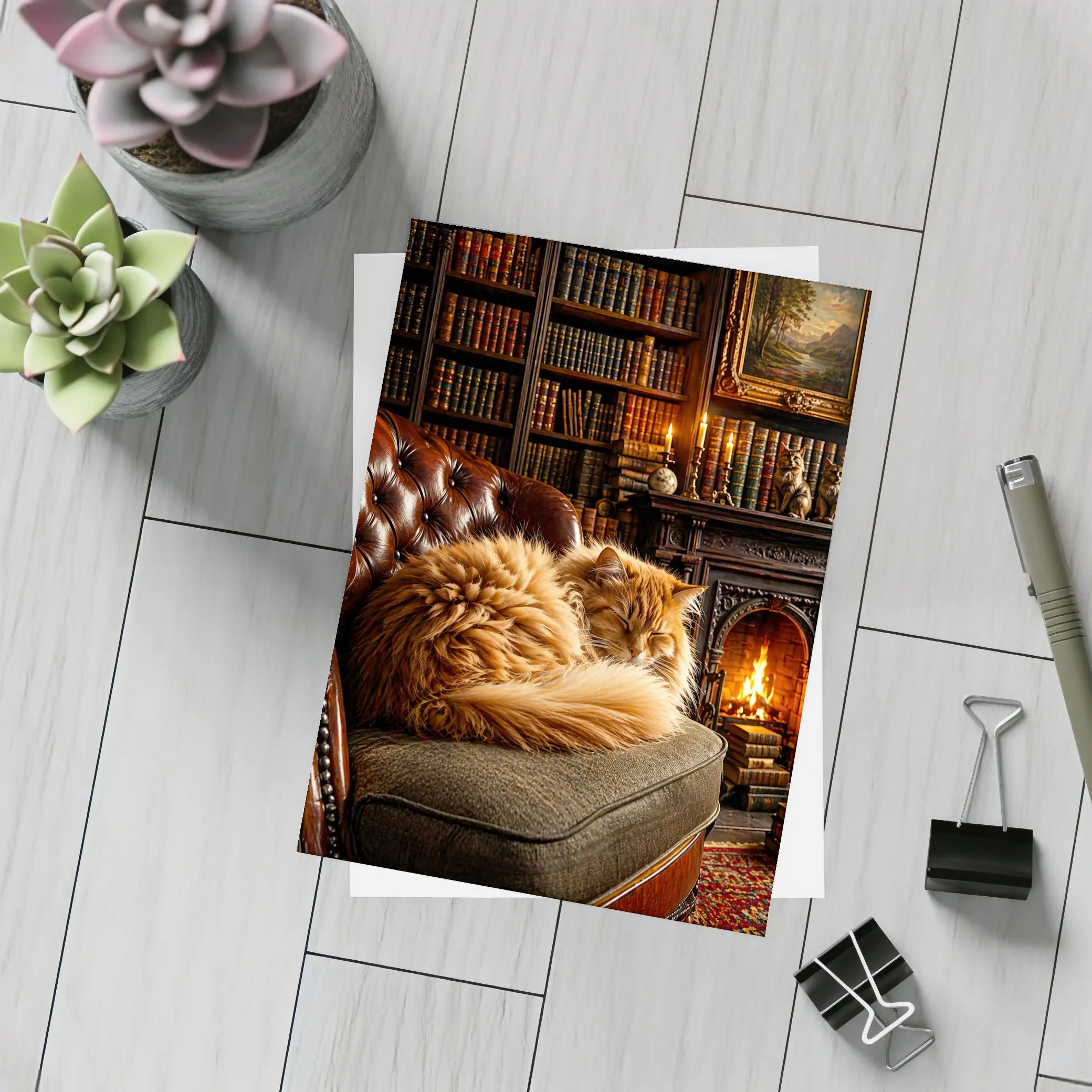 Fluffy Orange Cat Sleeping By Fireplace Library – Postcards