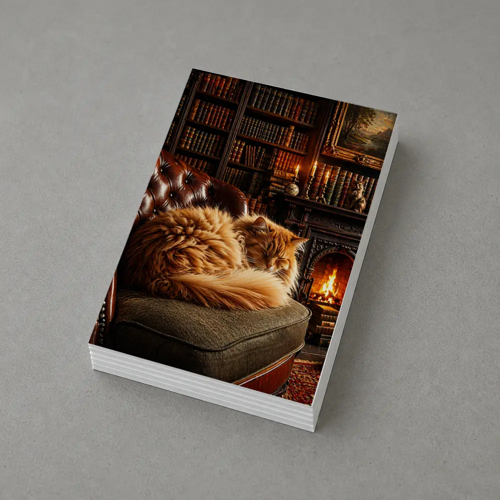 Fluffy Orange Cat Sleeping By Fireplace Library – Postcards