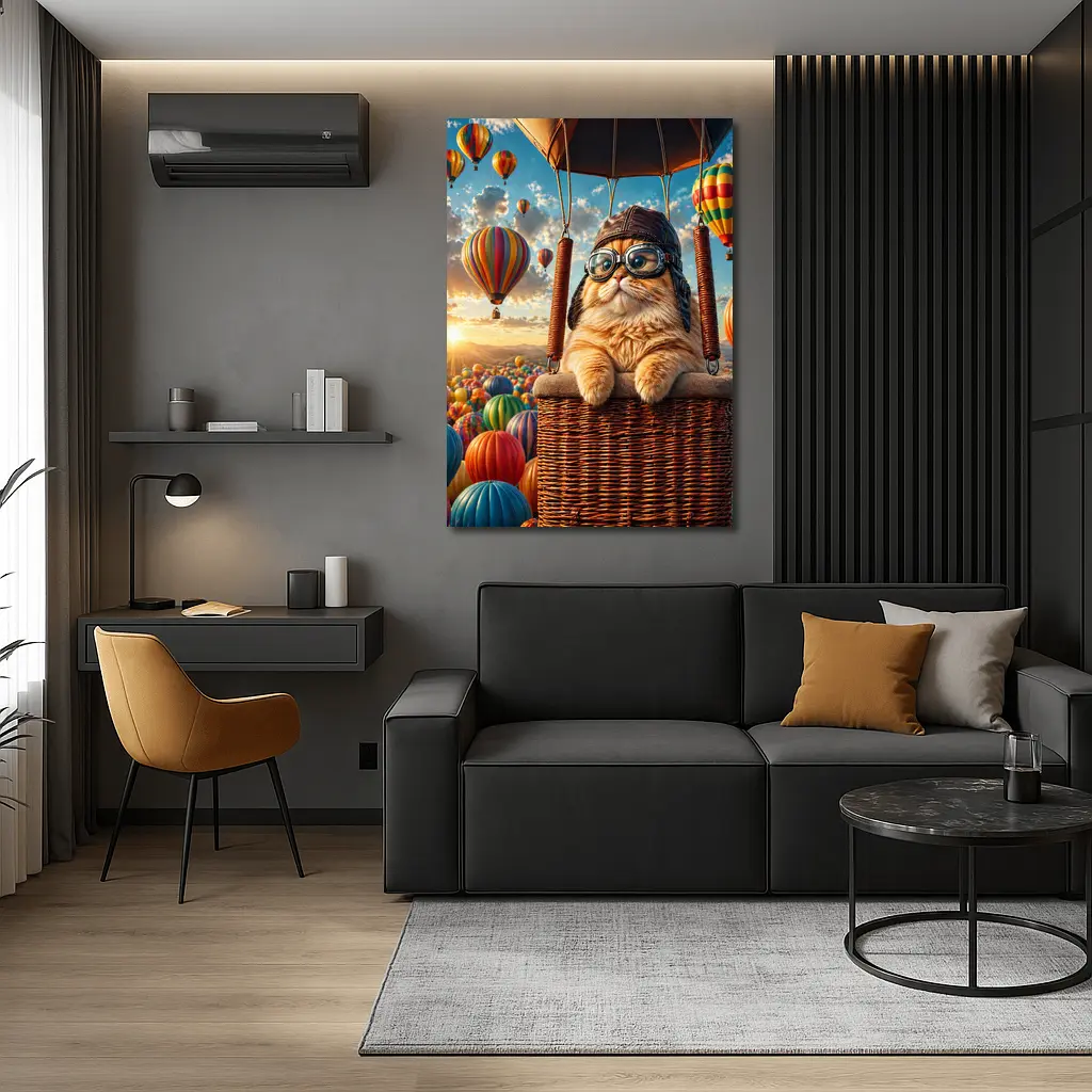 Orange Cat Pilot Hot Air Balloon Sky – Wall Art
