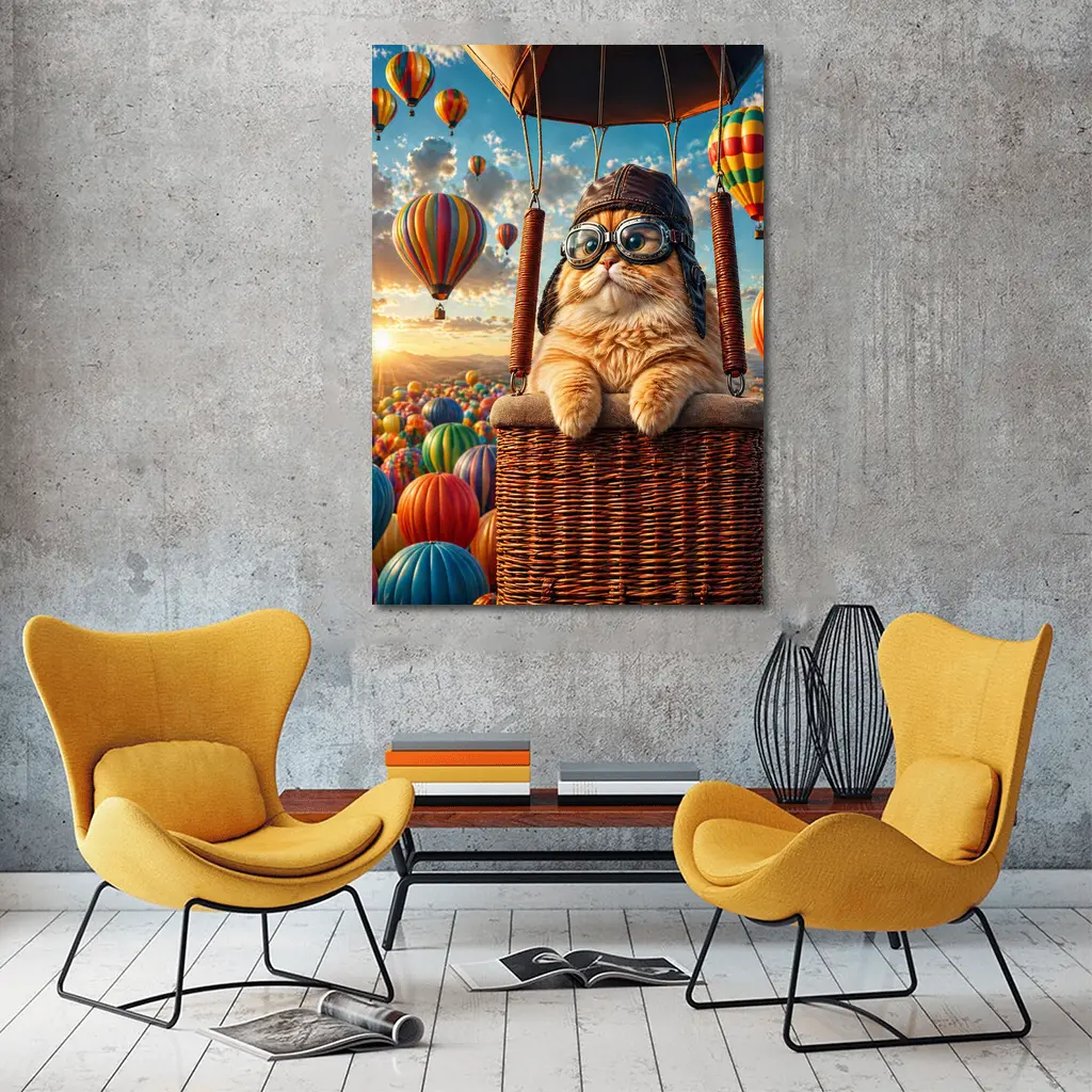 Orange Cat Pilot Hot Air Balloon Sky – Wall Art