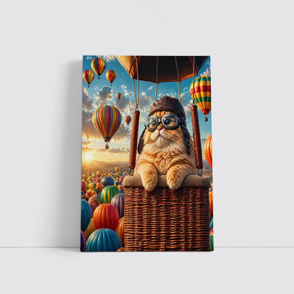 Orange Cat Pilot Hot Air Balloon Sky – Wall Art