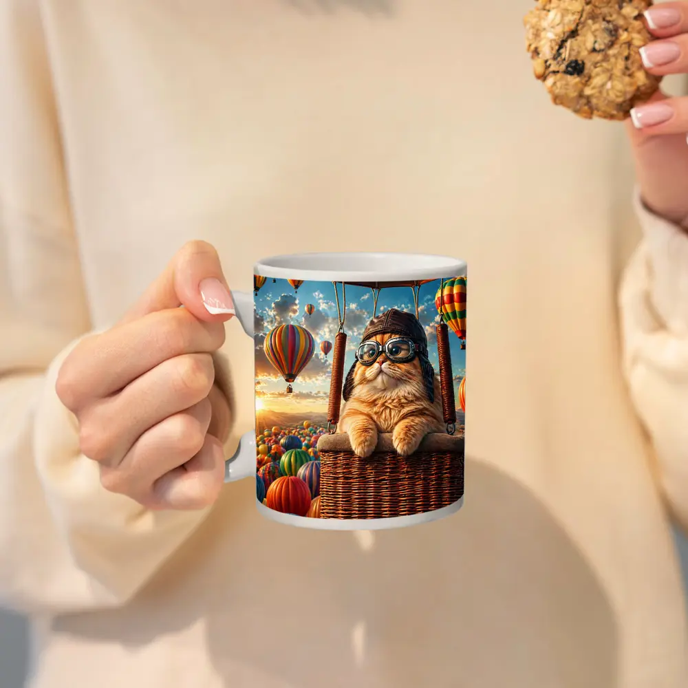 Orange Cat Pilot Hot Air Balloon Sky – Mugs