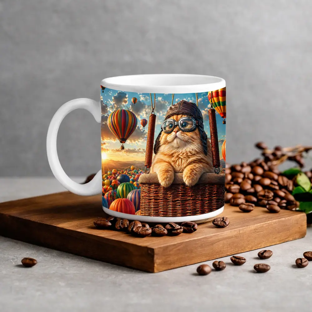 Orange Cat Pilot Hot Air Balloon Sky – Mugs
