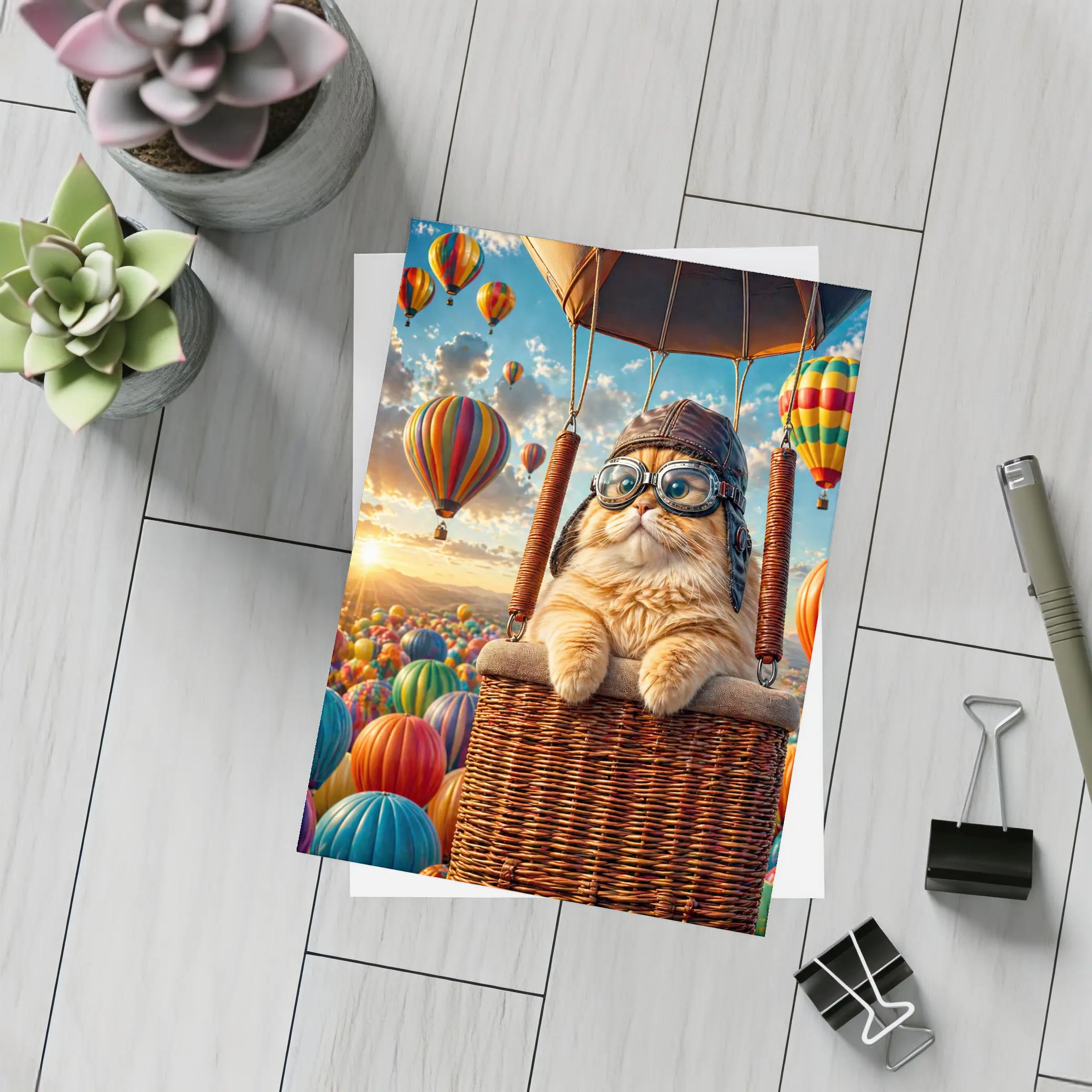 Orange Cat Pilot Hot Air Balloon Sky – Postcards