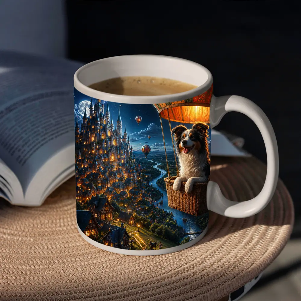 Border Collie Hot Air Balloon Fantasy Castle – Mugs
