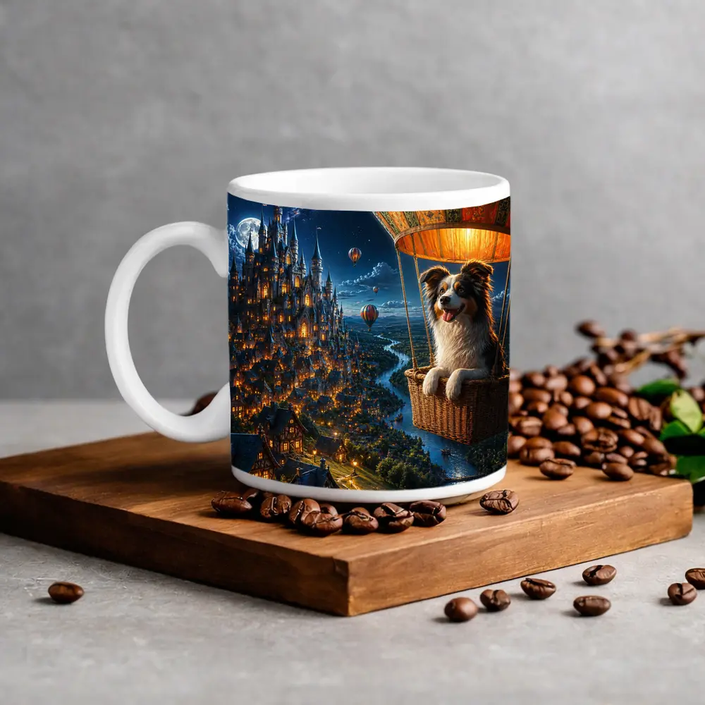 Border Collie Hot Air Balloon Fantasy Castle – Mugs