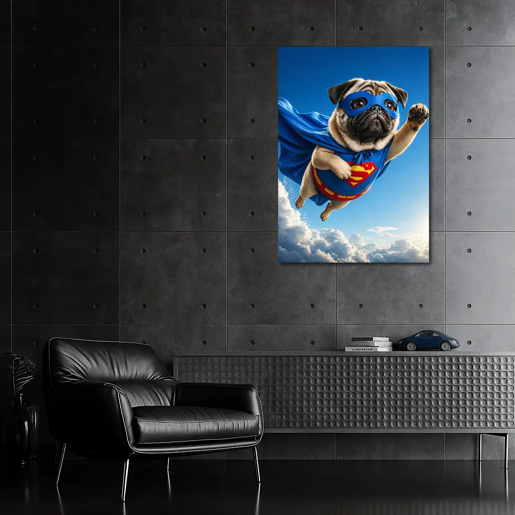 Pug Superhero Flying Blue Sky Clouds – Wall Art