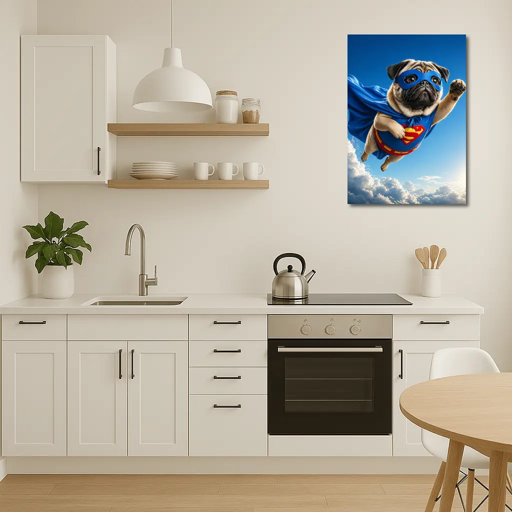 Pug Superhero Flying Blue Sky Clouds – Wall Art