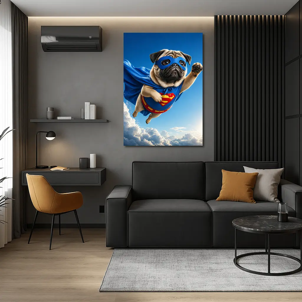 Pug Superhero Flying Blue Sky Clouds – Wall Art
