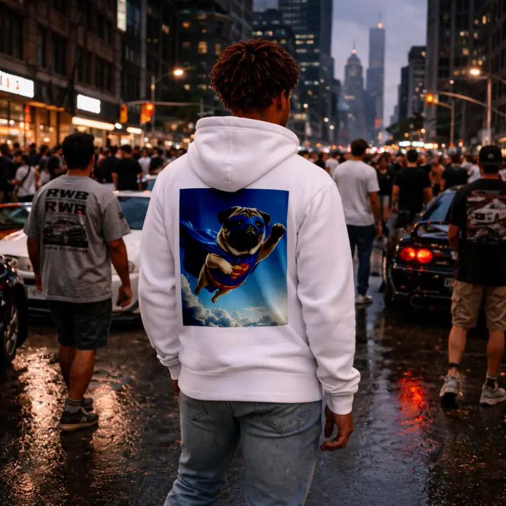 Pug Superhero Flying Blue Sky Clouds – Hoodies