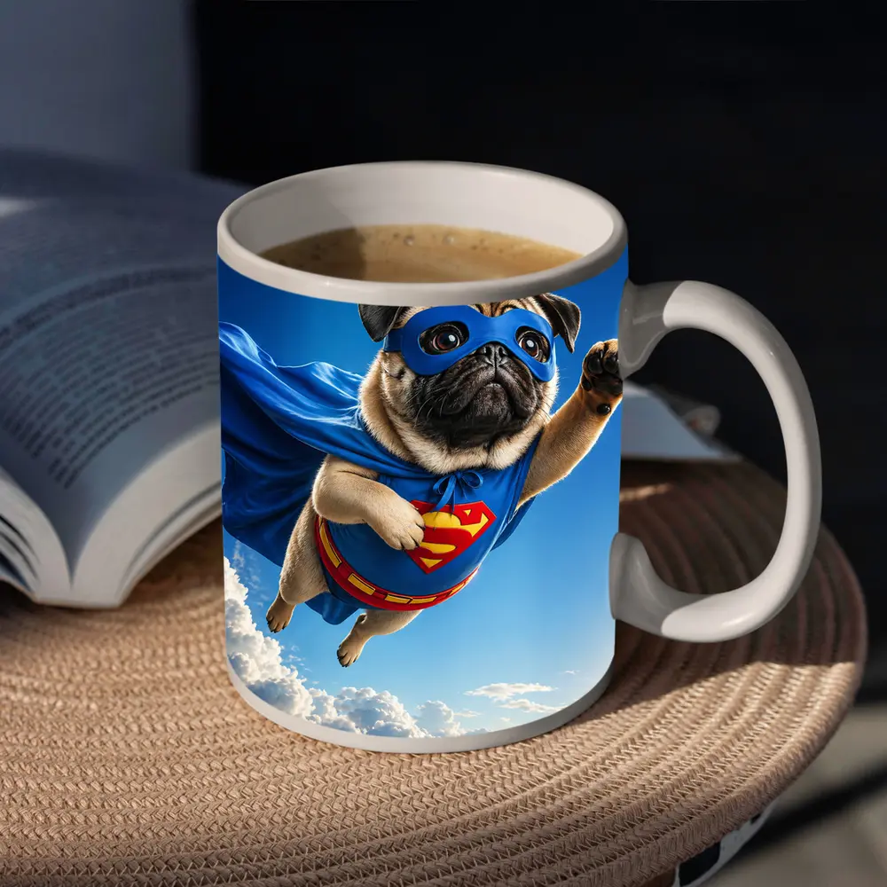 Pug Superhero Flying Blue Sky Clouds – Mugs