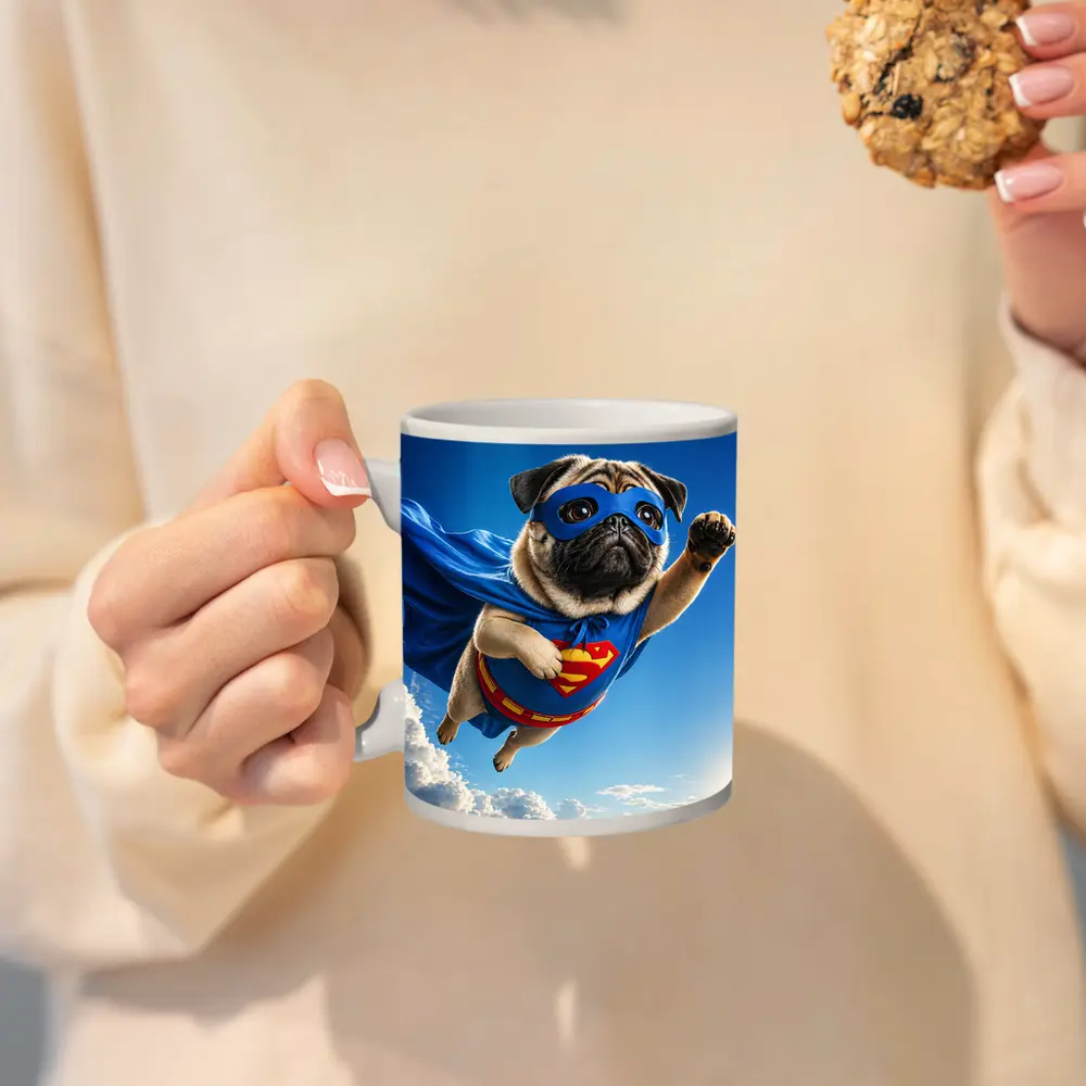 Pug Superhero Flying Blue Sky Clouds – Mugs