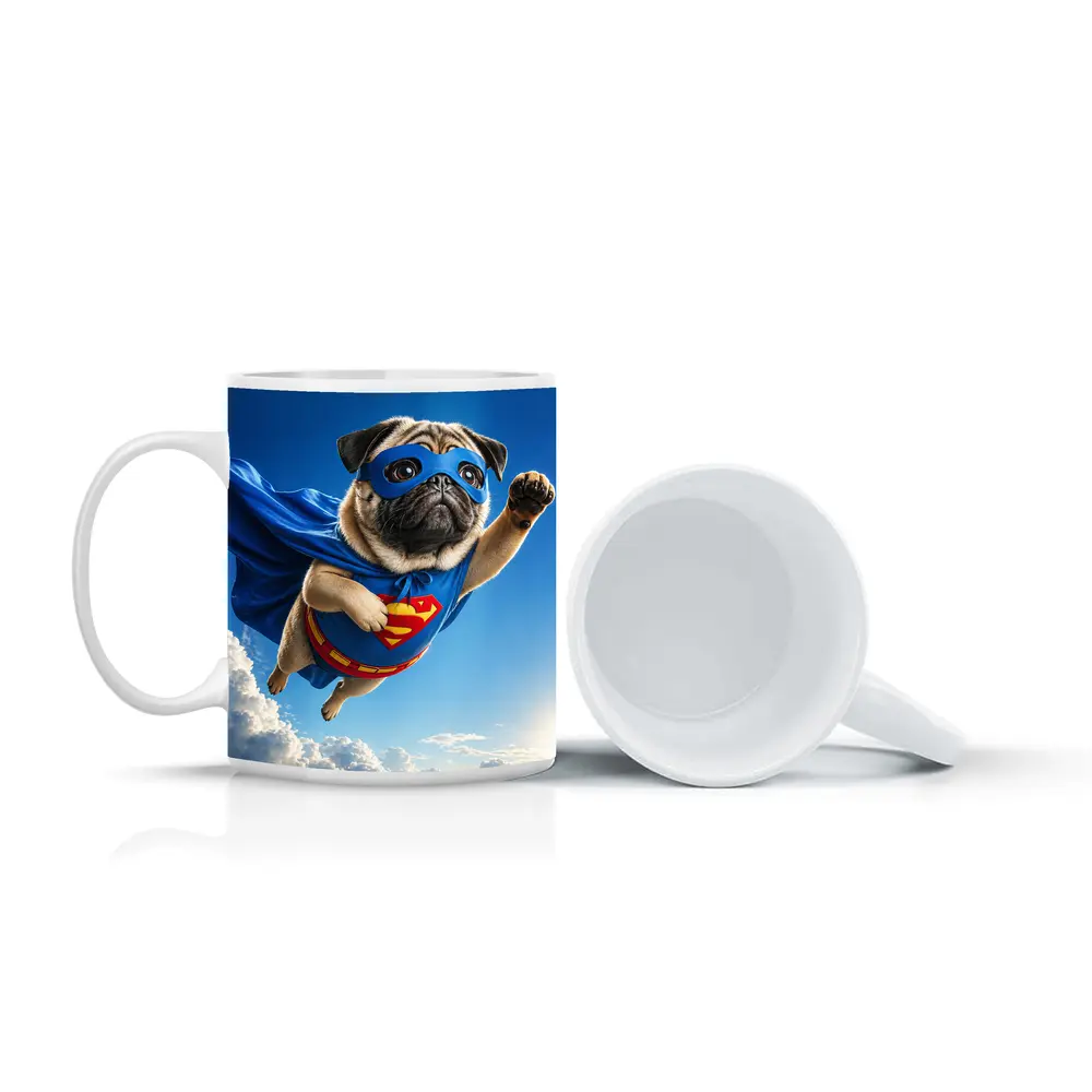 Pug Superhero Flying Blue Sky Clouds – Mugs