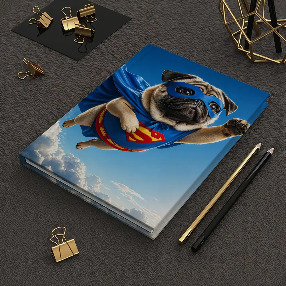 Pug Superhero Flying Blue Sky Clouds – Notebooks