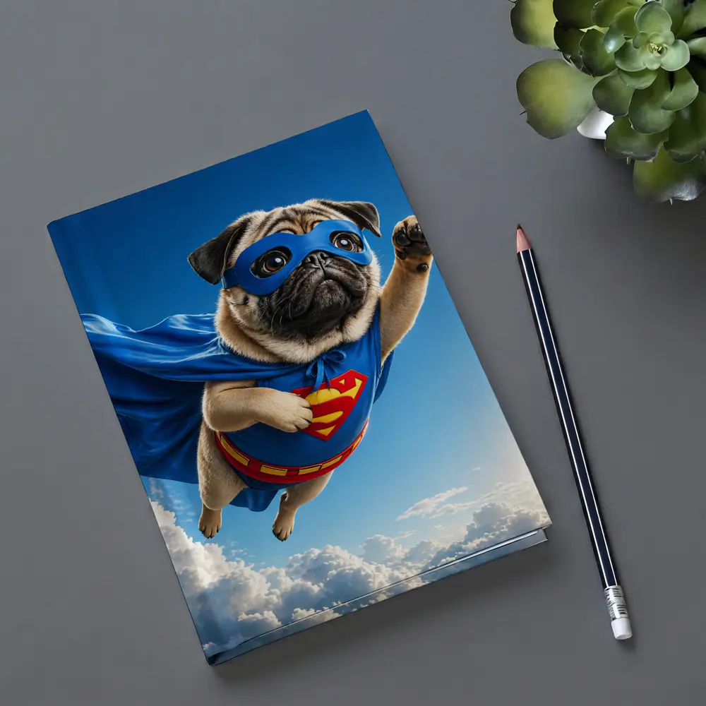 Pug Superhero Flying Blue Sky Clouds – Notebooks