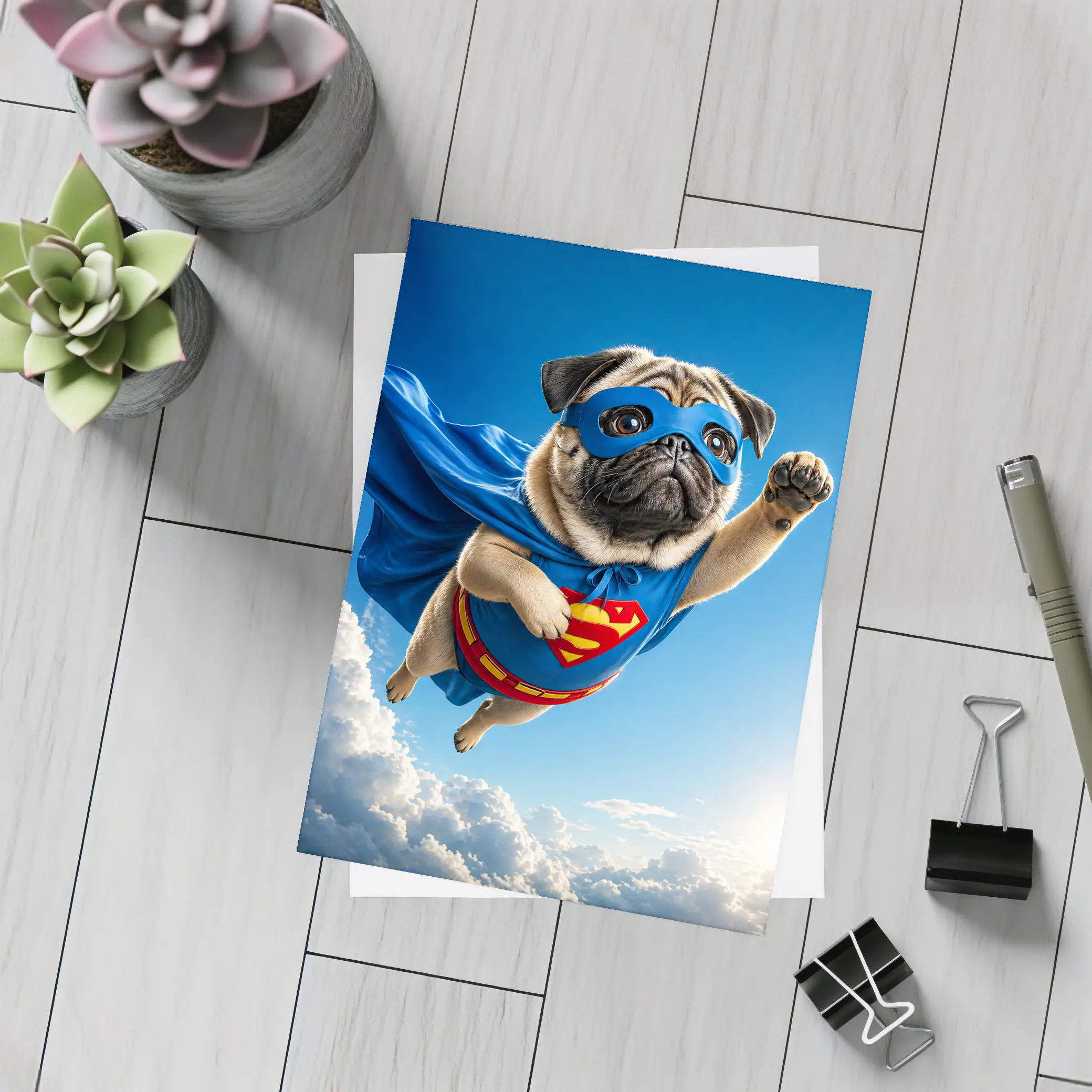 Pug Superhero Flying Blue Sky Clouds – Postcards