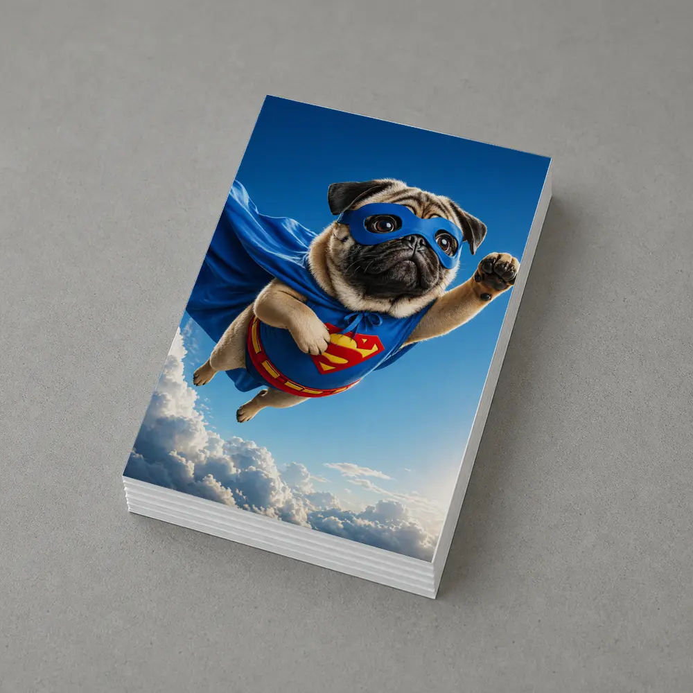 Pug Superhero Flying Blue Sky Clouds – Postcards