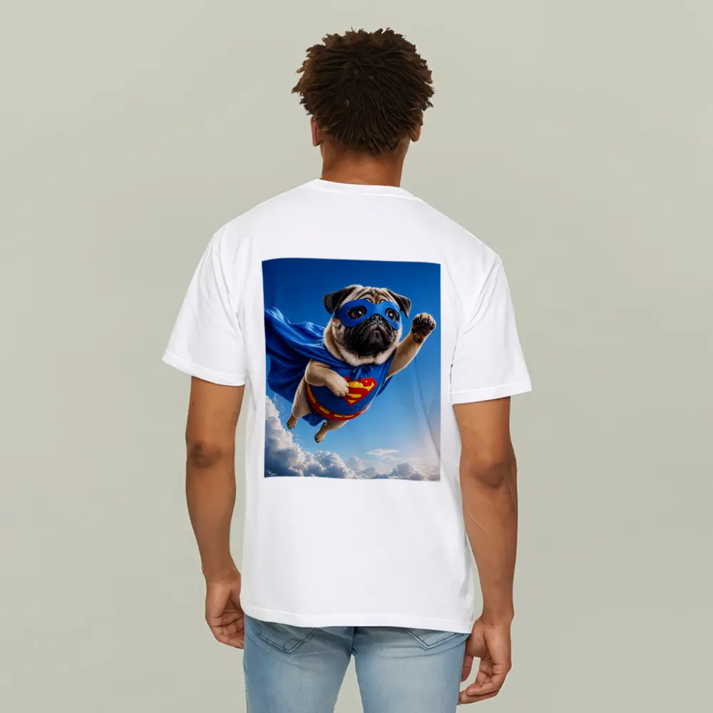 Pug Superhero Flying Blue Sky Clouds – T-Shirts
