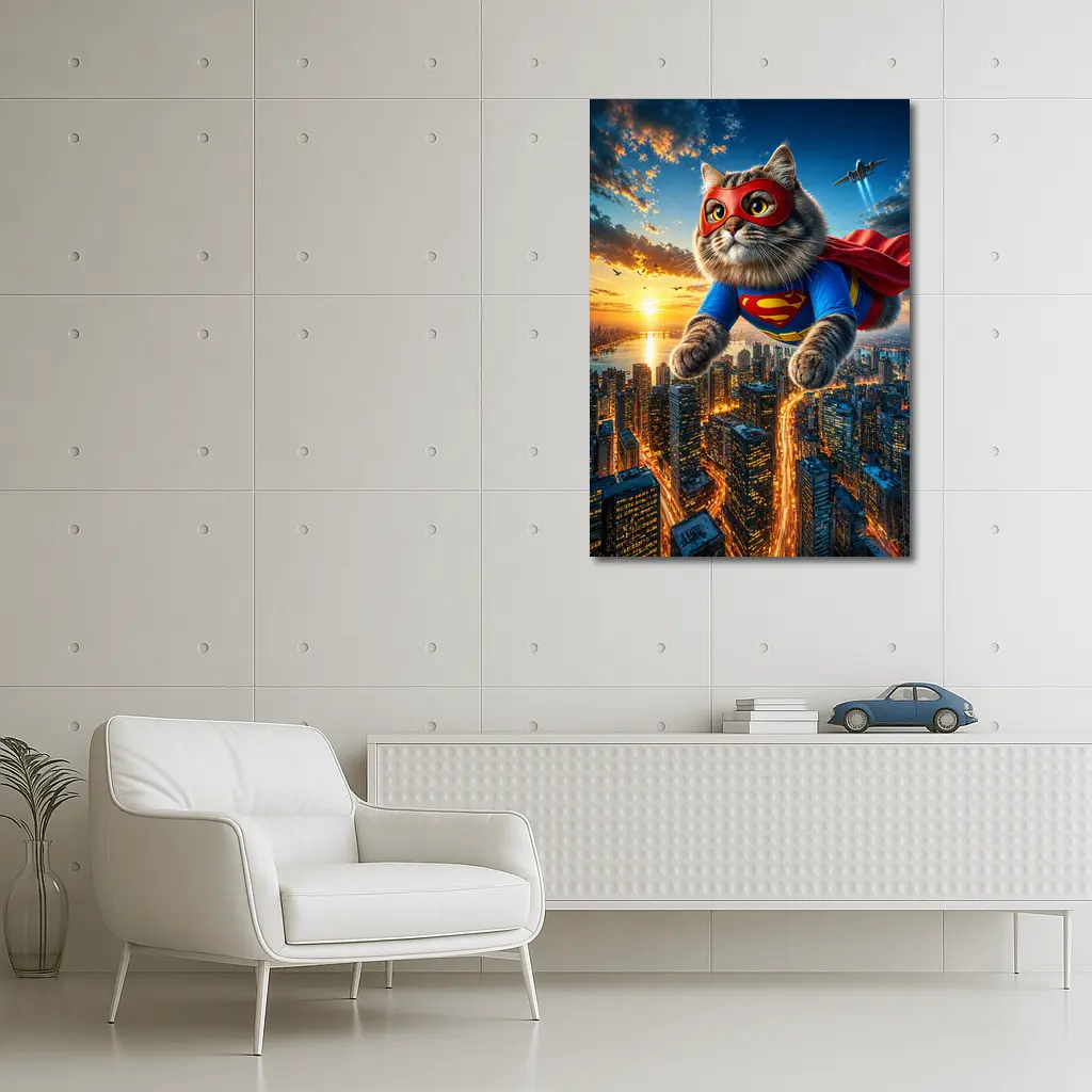 Ragdoll Superhero Cat Flying Over City – Wall Art