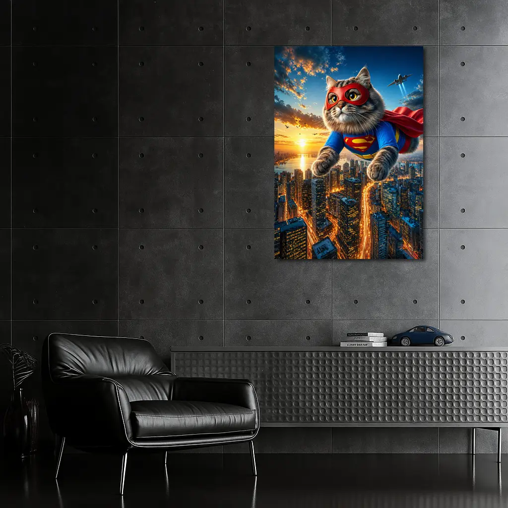 Ragdoll Superhero Cat Flying Over City – Wall Art