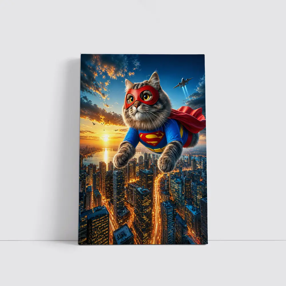 Ragdoll Superhero Cat Flying Over City – Wall Art