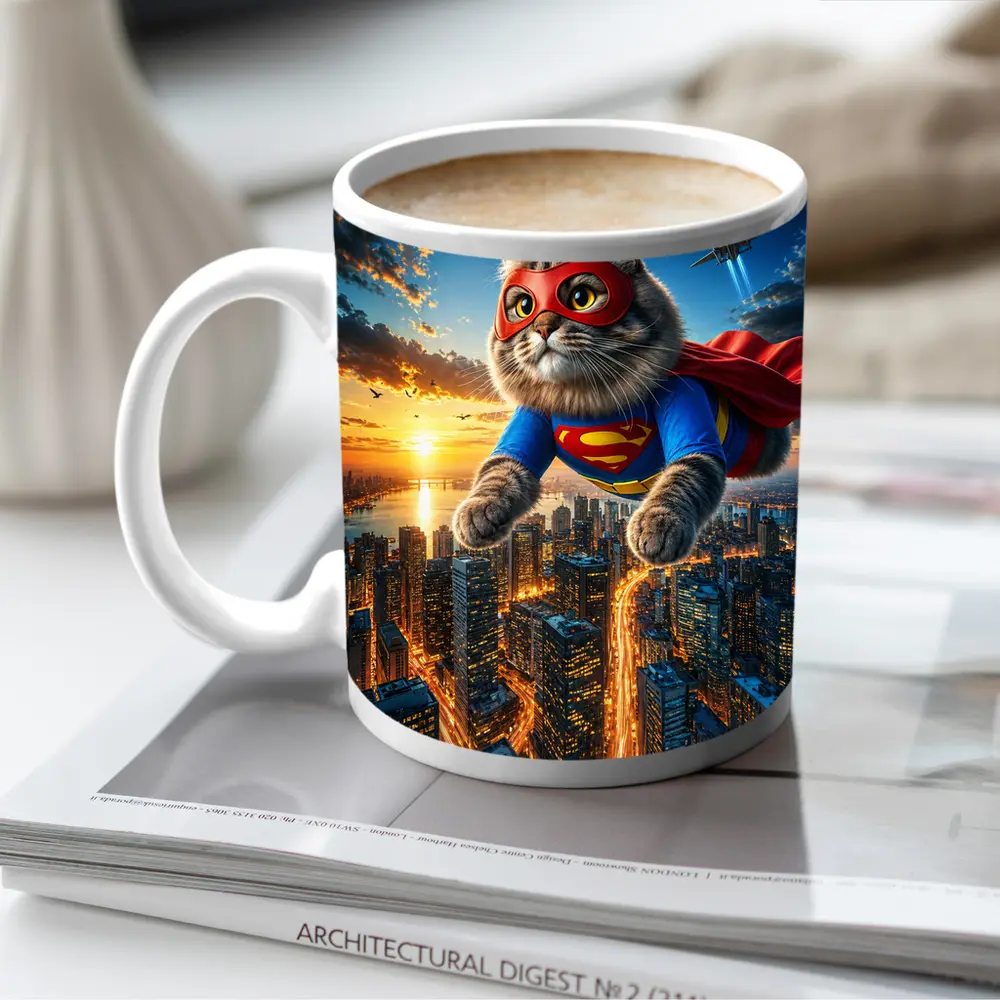 Ragdoll Superhero Cat Flying Over City – Mugs