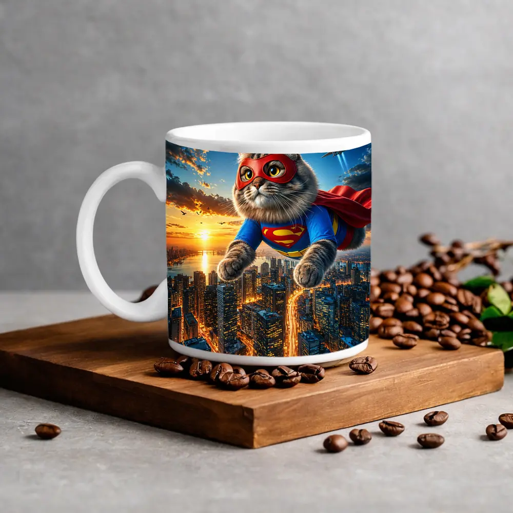 Ragdoll Superhero Cat Flying Over City – Mugs
