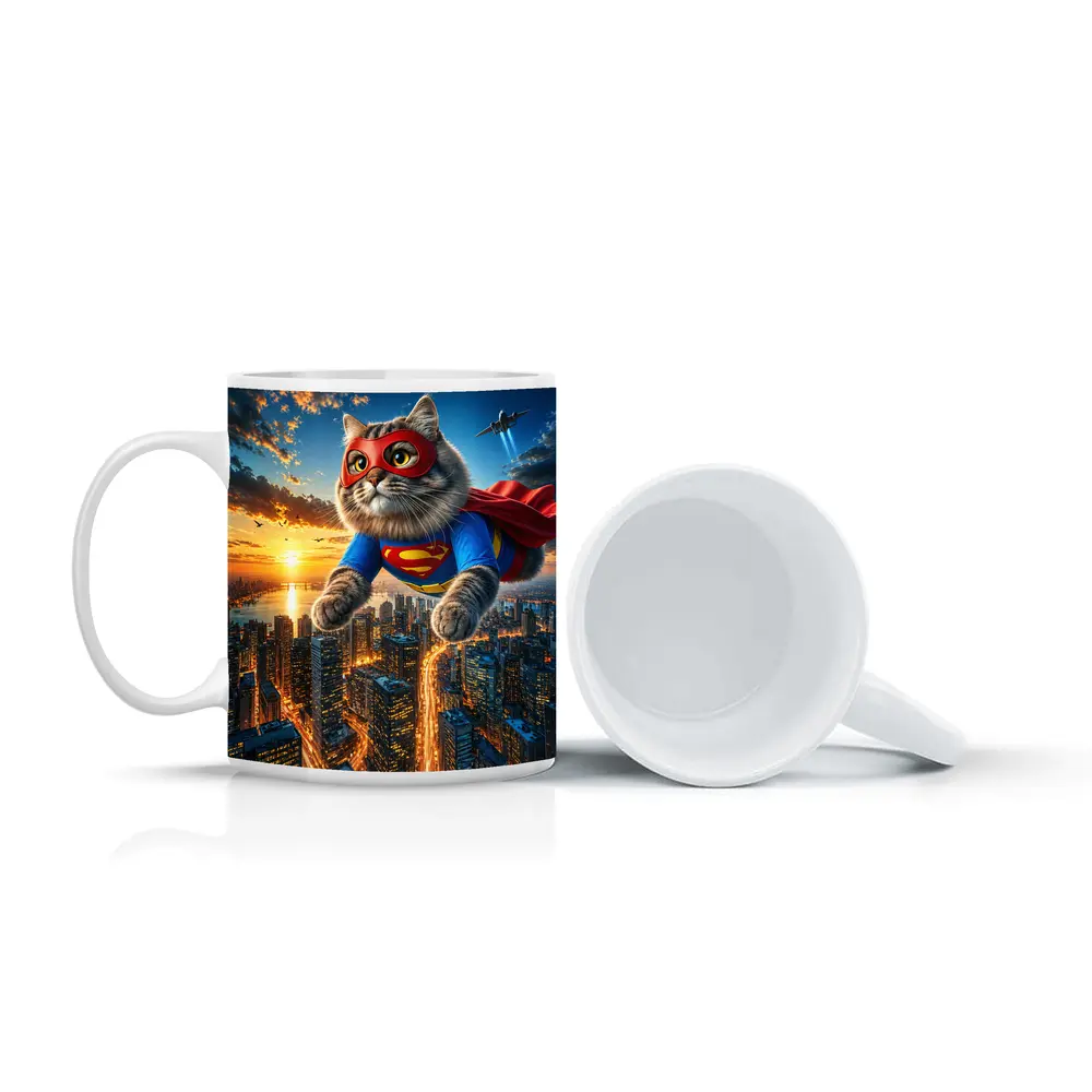 Ragdoll Superhero Cat Flying Over City – Mugs
