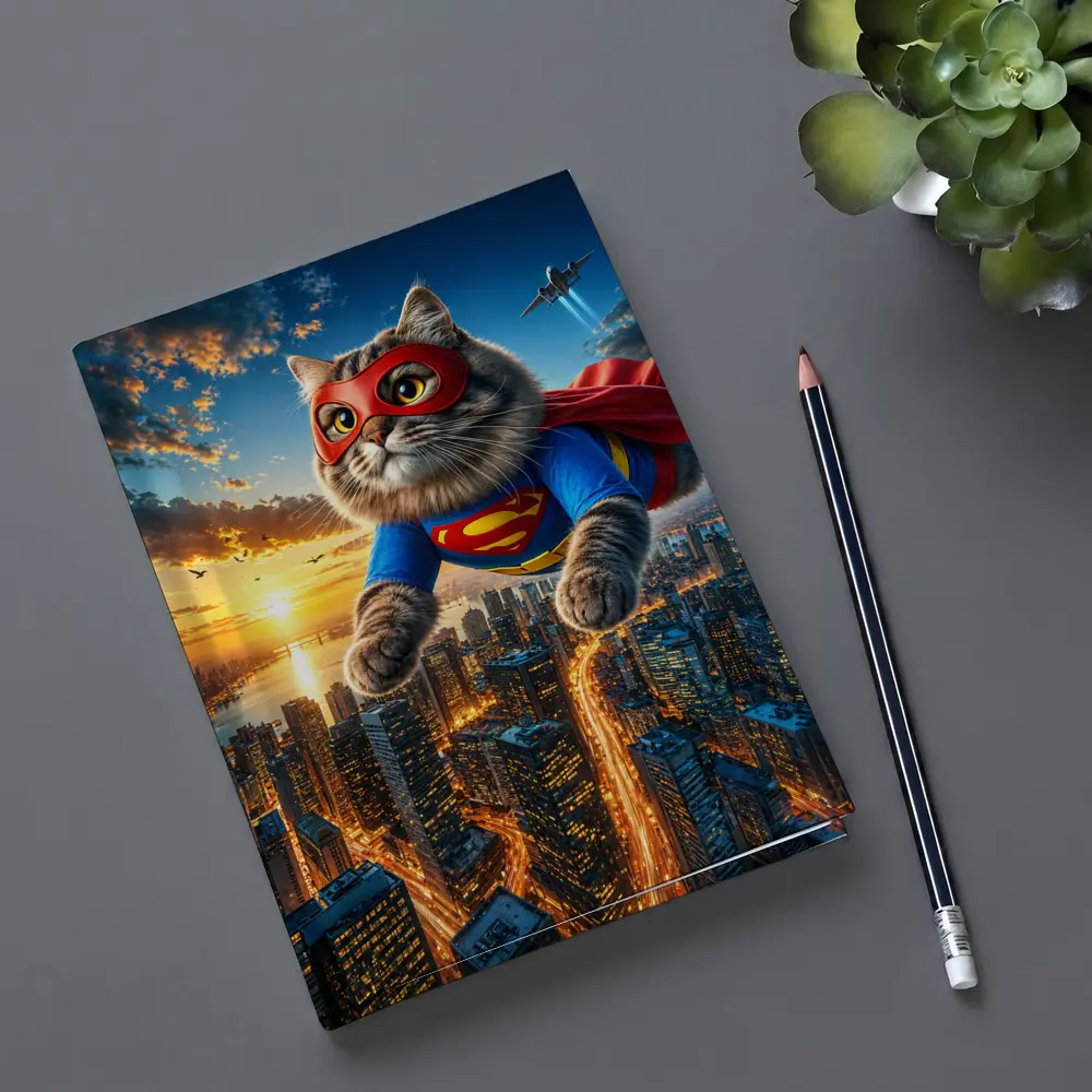 Ragdoll Superhero Cat Flying Over City – Notebooks
