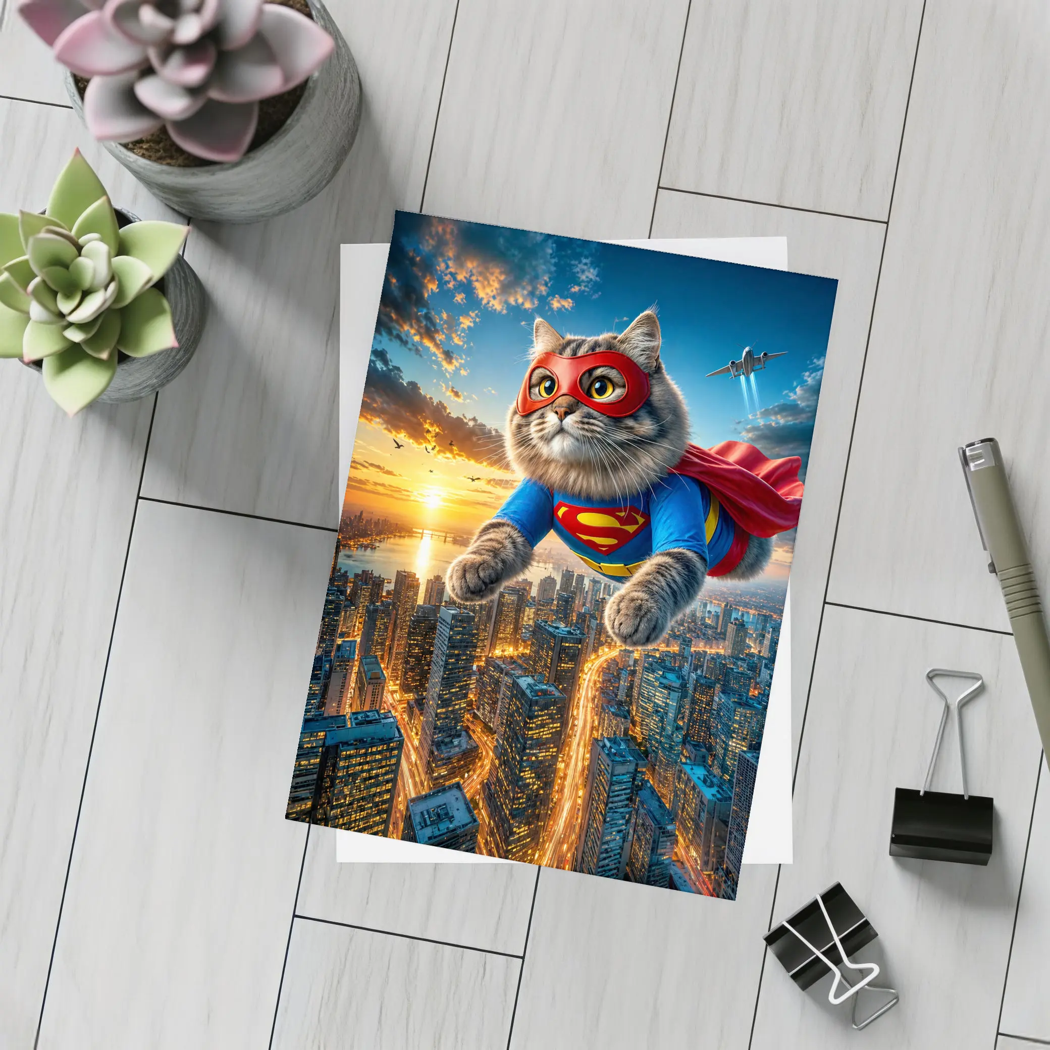 Ragdoll Superhero Cat Flying Over City – Postcards