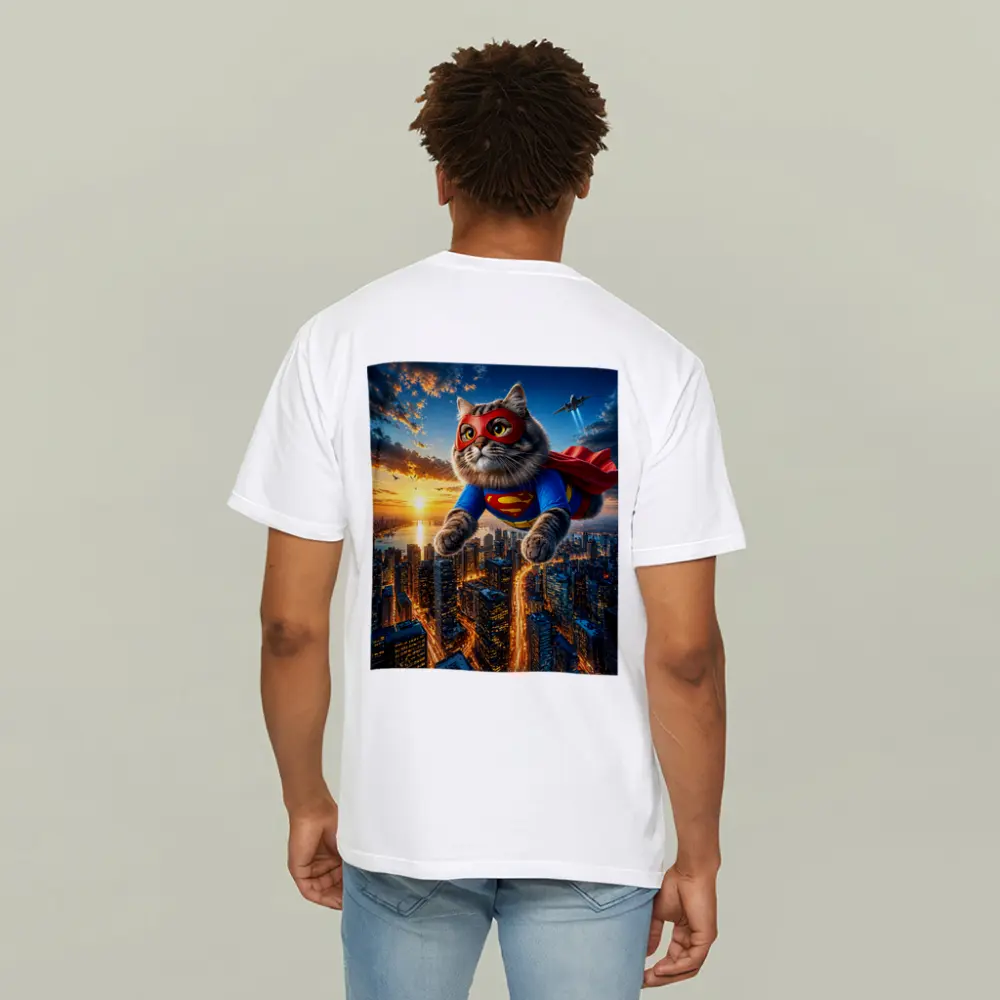 Ragdoll Superhero Cat Flying Over City – T-Shirts