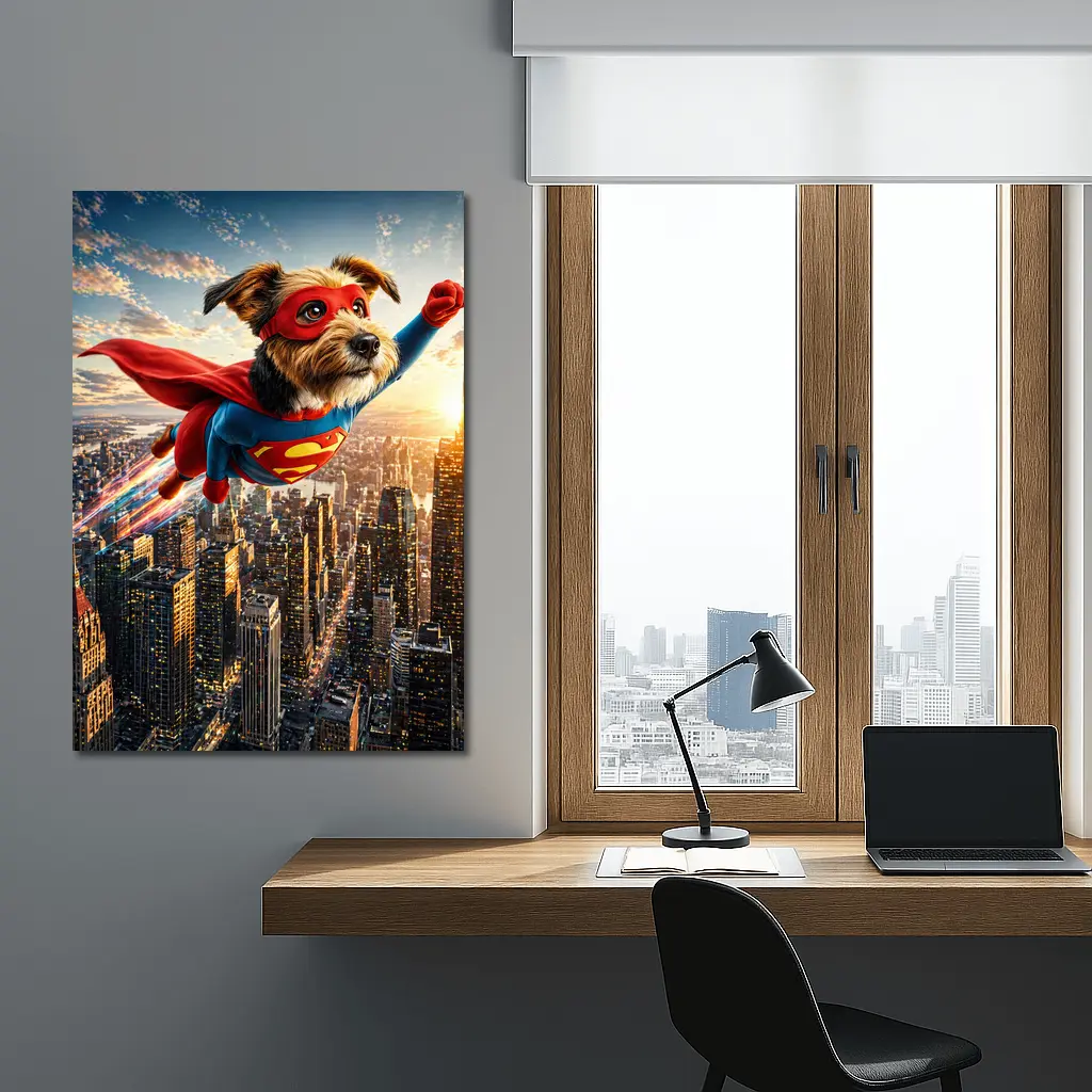 Superhero Dog Flying Over City Skyline – Wall Art