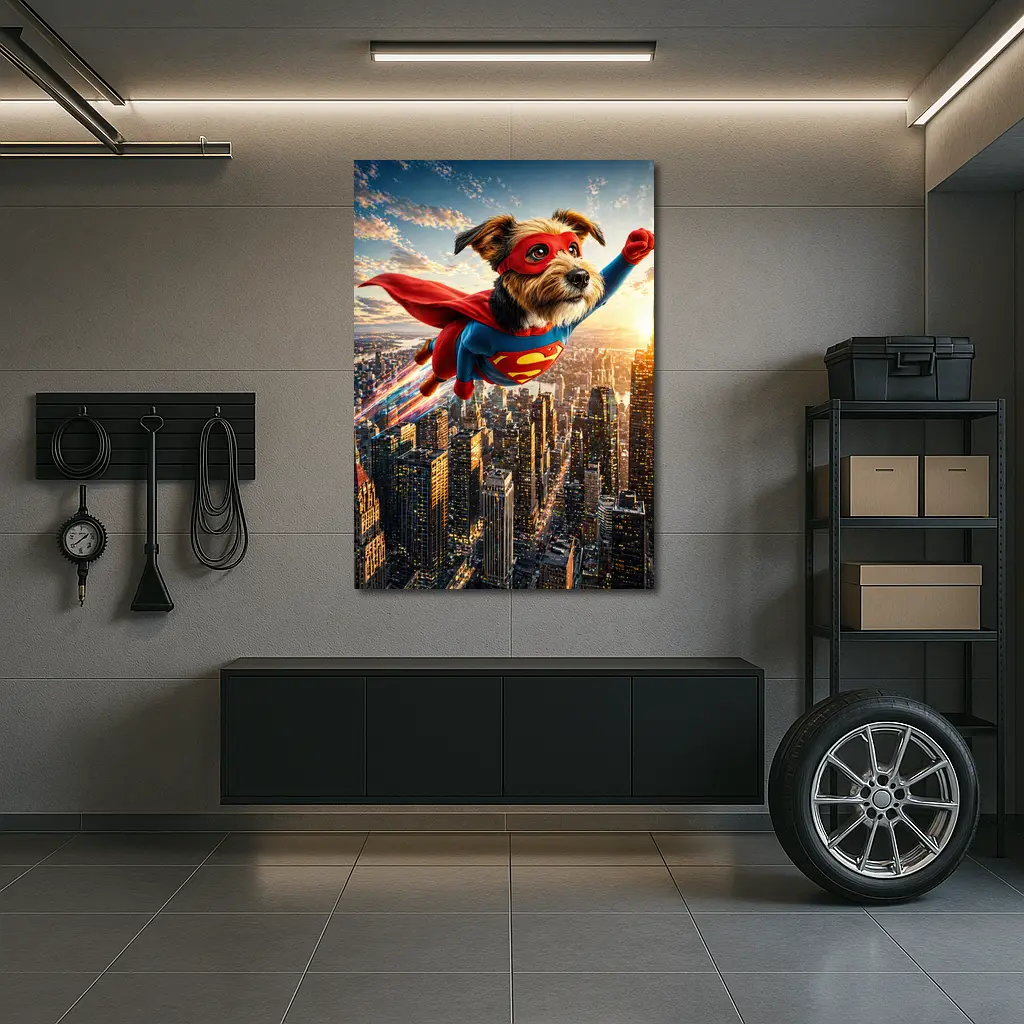 Superhero Dog Flying Over City Skyline – Wall Art