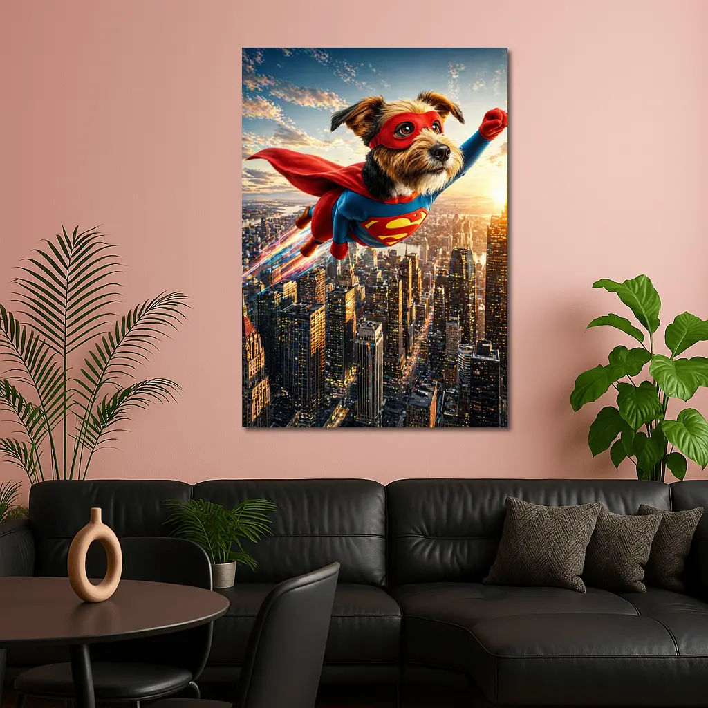 Superhero Dog Flying Over City Skyline – Wall Art