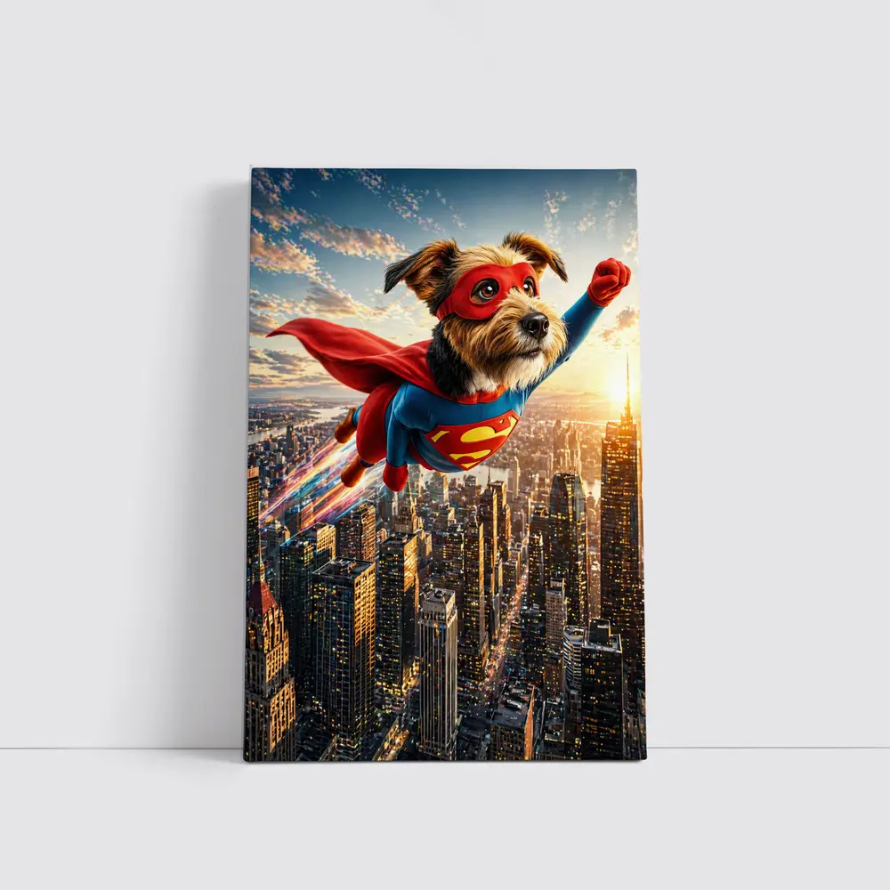 Superhero Dog Flying Over City Skyline – Wall Art