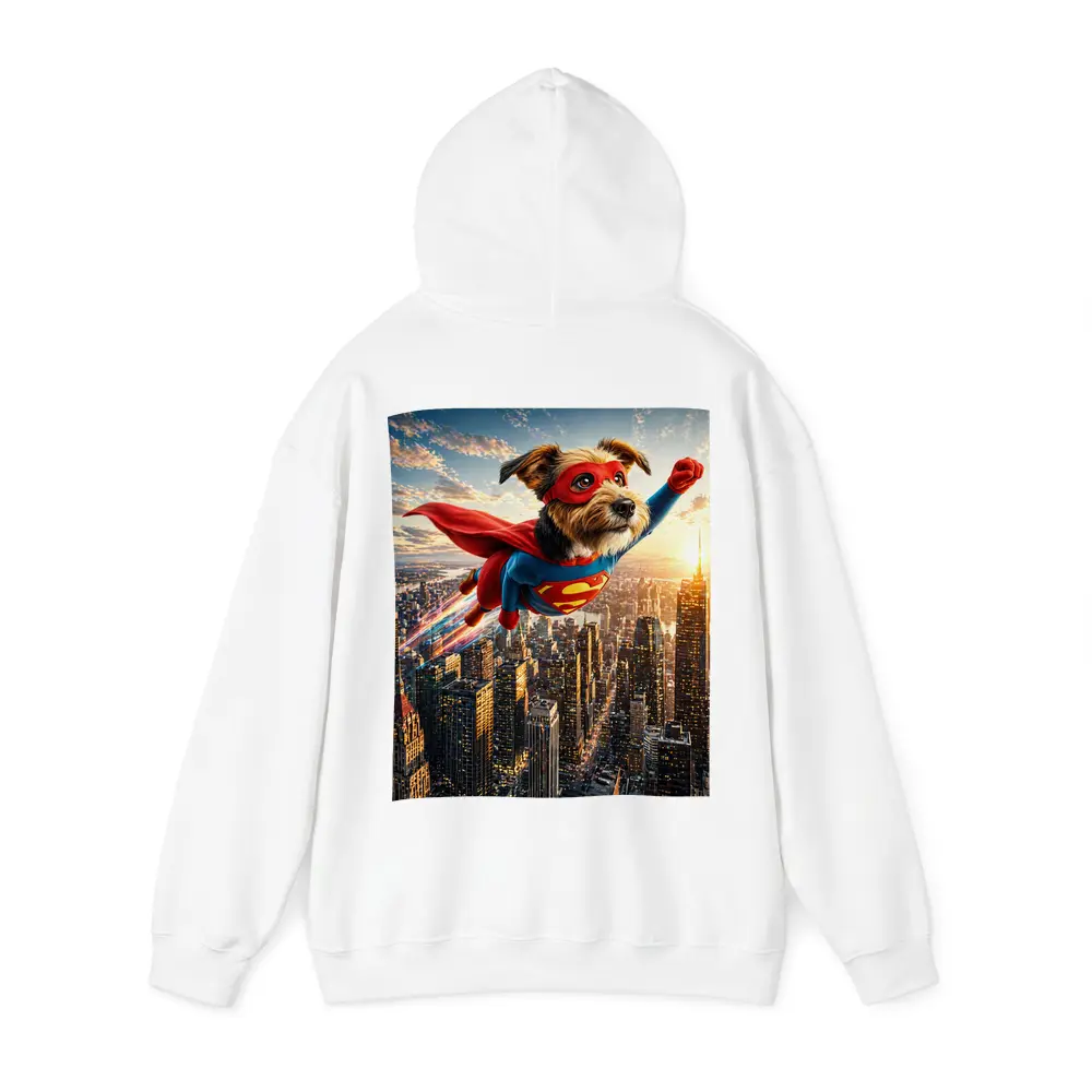 Superhero Dog Flying Over City Skyline – Hoodies