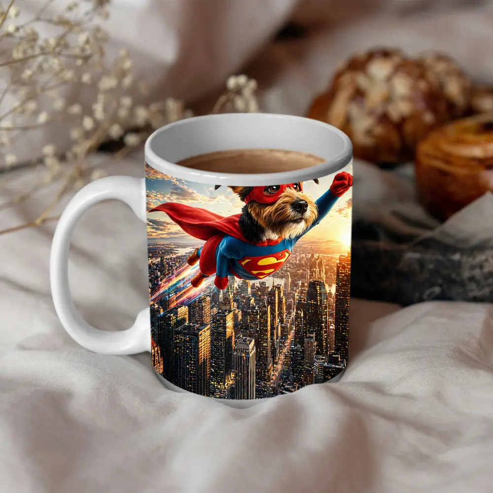 Superhero Dog Flying Over City Skyline – Mugs