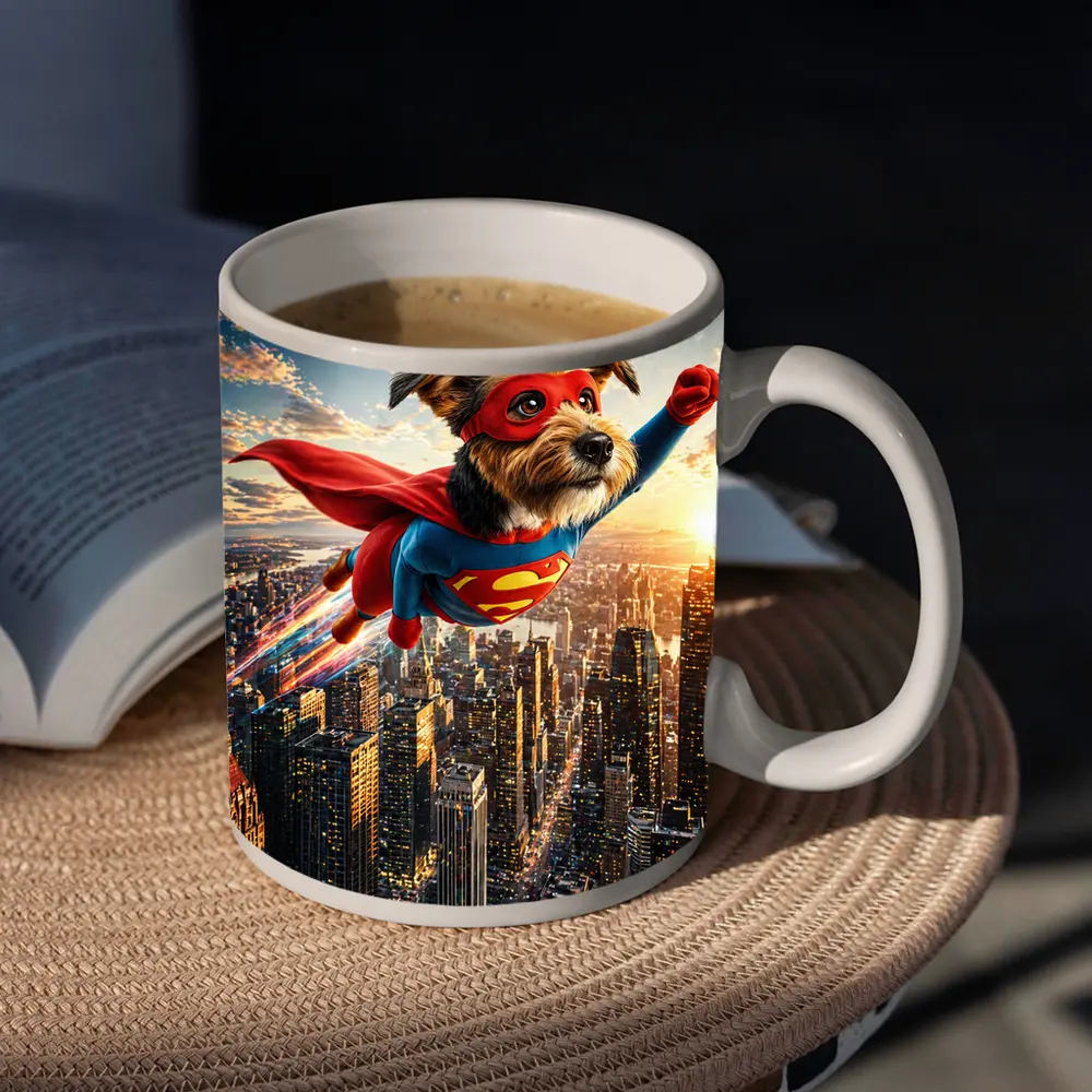 Superhero Dog Flying Over City Skyline – Mugs