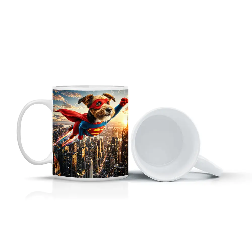 Superhero Dog Flying Over City Skyline – Mugs