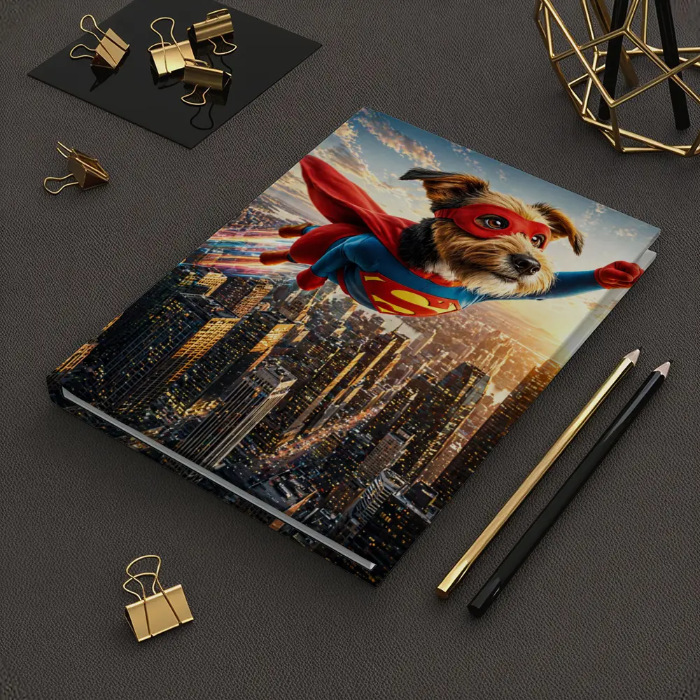 Superhero Dog Flying Over City Skyline – Notebooks