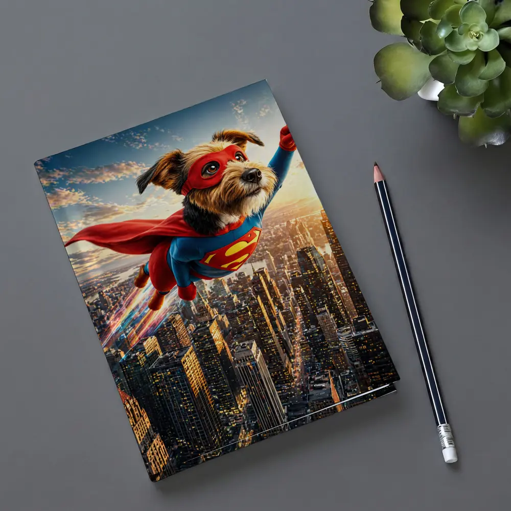 Superhero Dog Flying Over City Skyline – Notebooks
