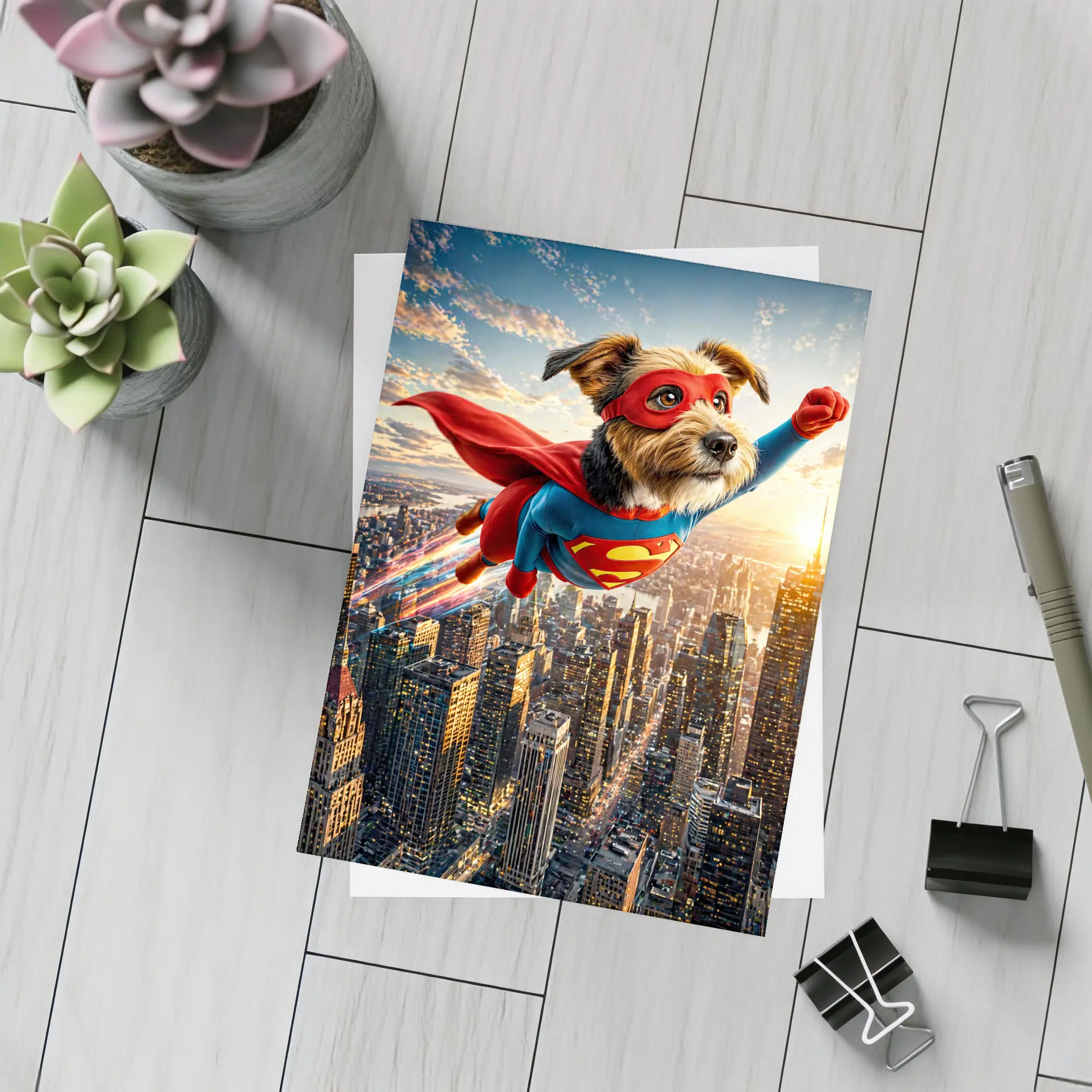 Superhero Dog Flying Over City Skyline – Postcards