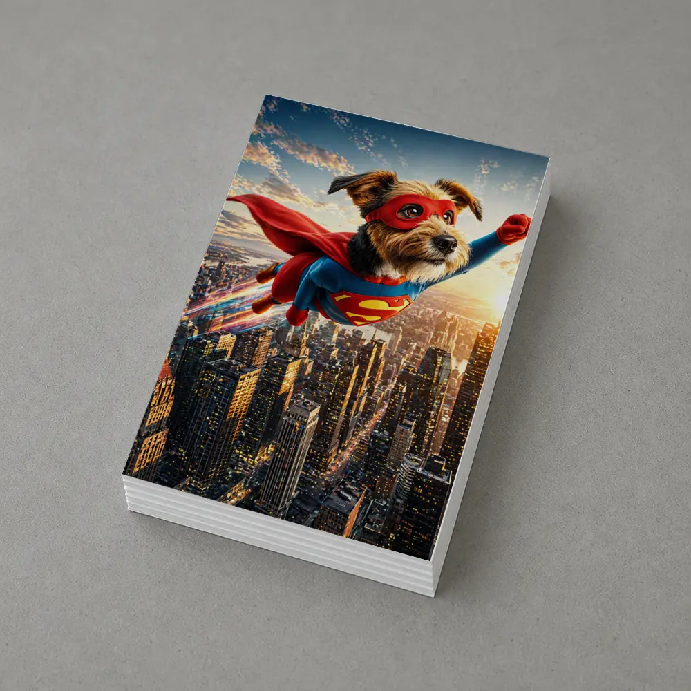 Superhero Dog Flying Over City Skyline – Postcards