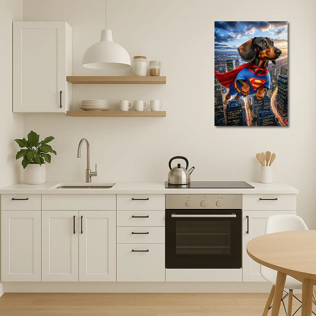 Dachshund Superman Flying Over City Skyline – Wall Art