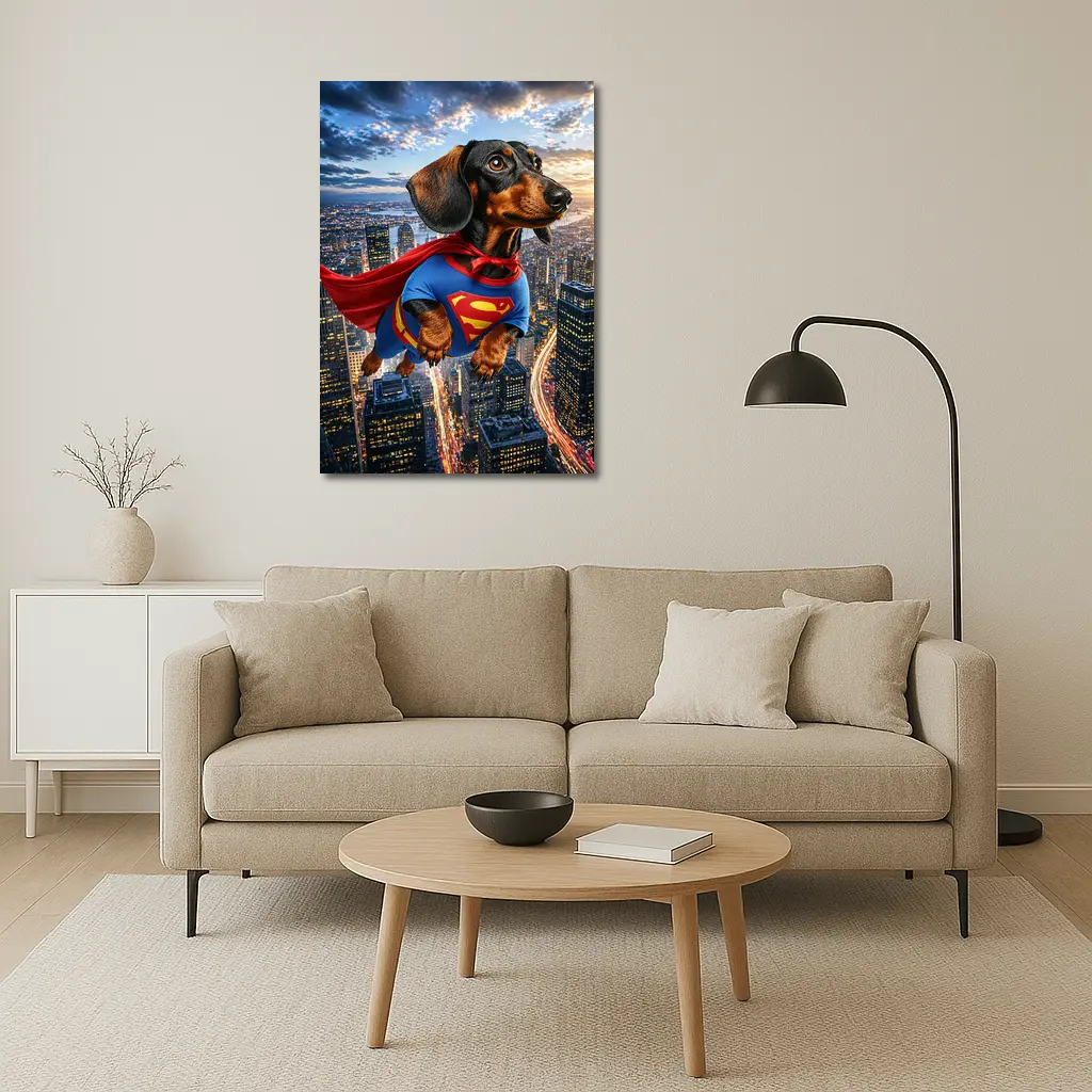 Dachshund Superman Flying Over City Skyline – Wall Art
