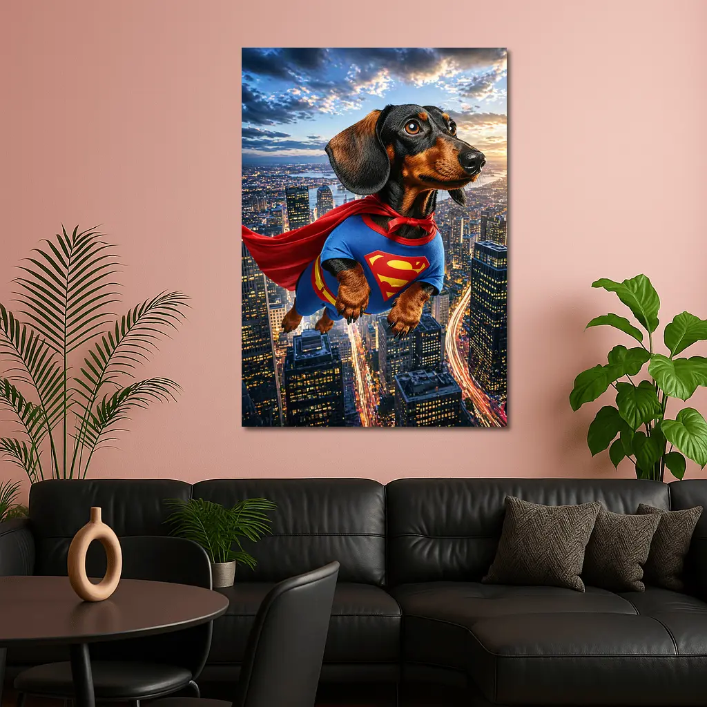 Dachshund Superman Flying Over City Skyline – Wall Art