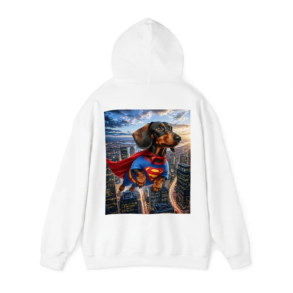 Dachshund Superman Flying Over City Skyline – Hoodies