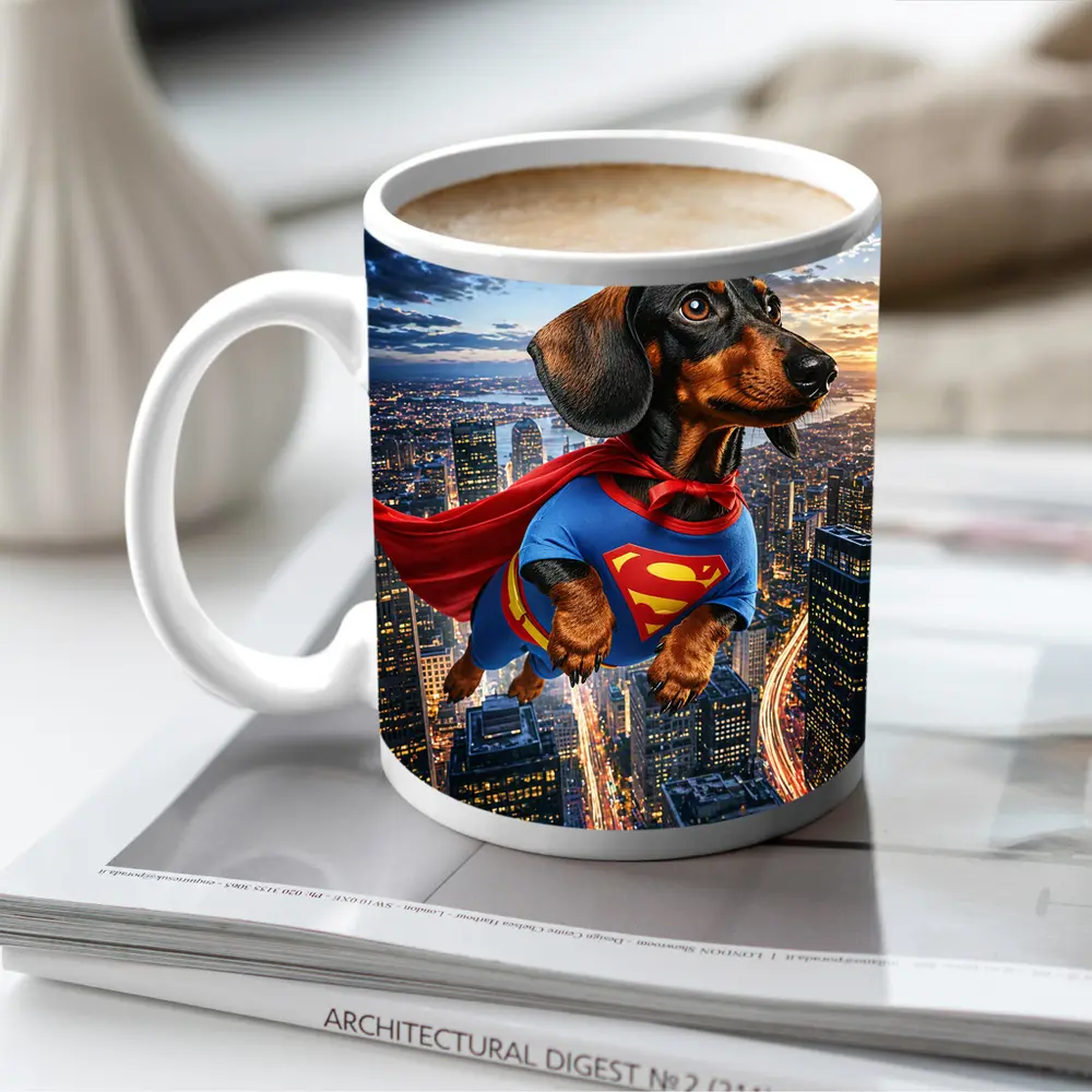 Dachshund Superman Flying Over City Skyline – Mugs